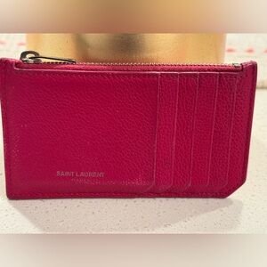 YSL Saint Laurent 5 Fragments Zip Card Case Grained Leather Fuchsia